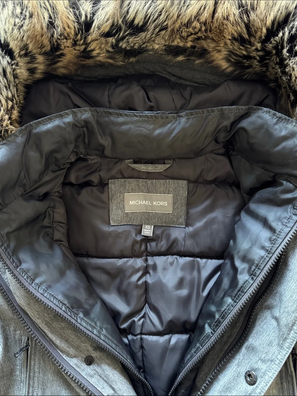 Michael Kors Heather Grey Quilted-Trim Parka with Faux Fur Hood